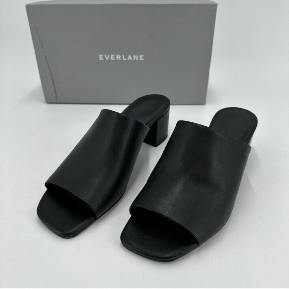 Everlane The Leather Mule Sandal in Black size 6.5 Women's Slip-on 2" Block Heel